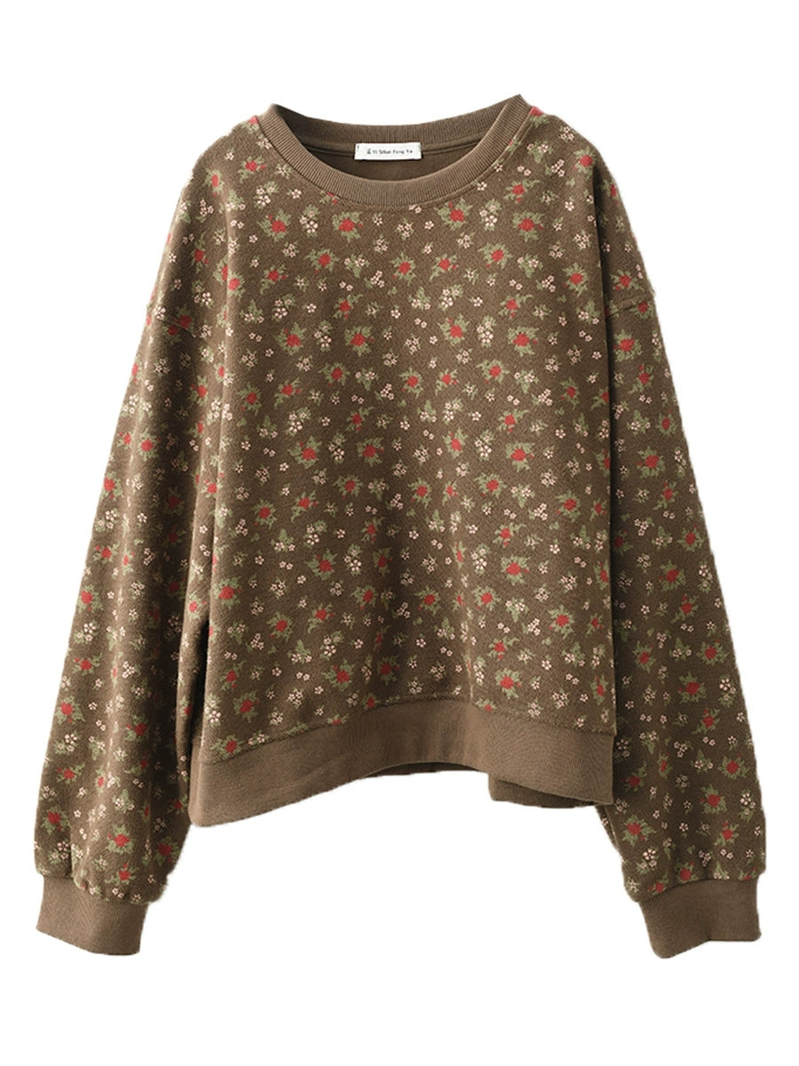 Women Autumn Floral Colorblock O-Neck Cotton Sweatshirt AX1054