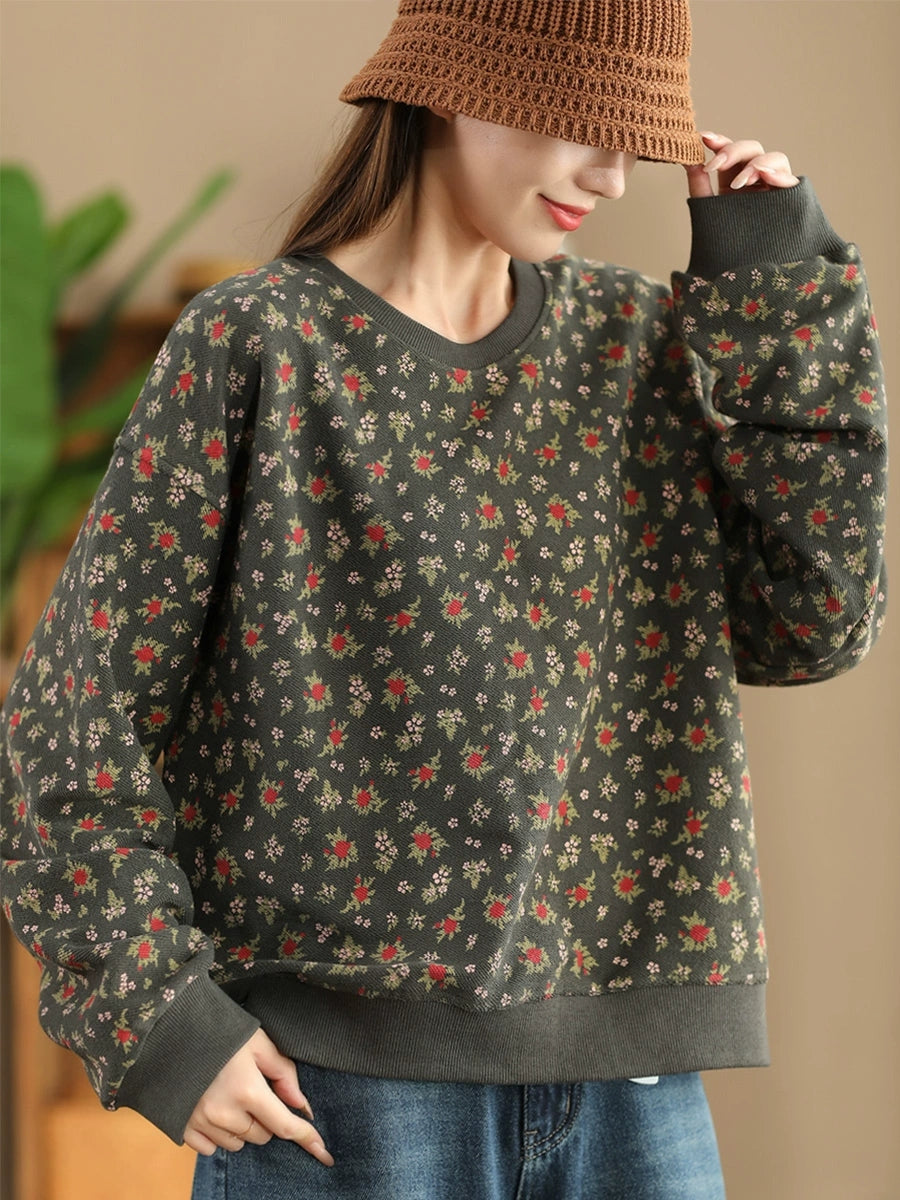 Women Autumn Floral Colorblock O-Neck Cotton Sweatshirt AX1054