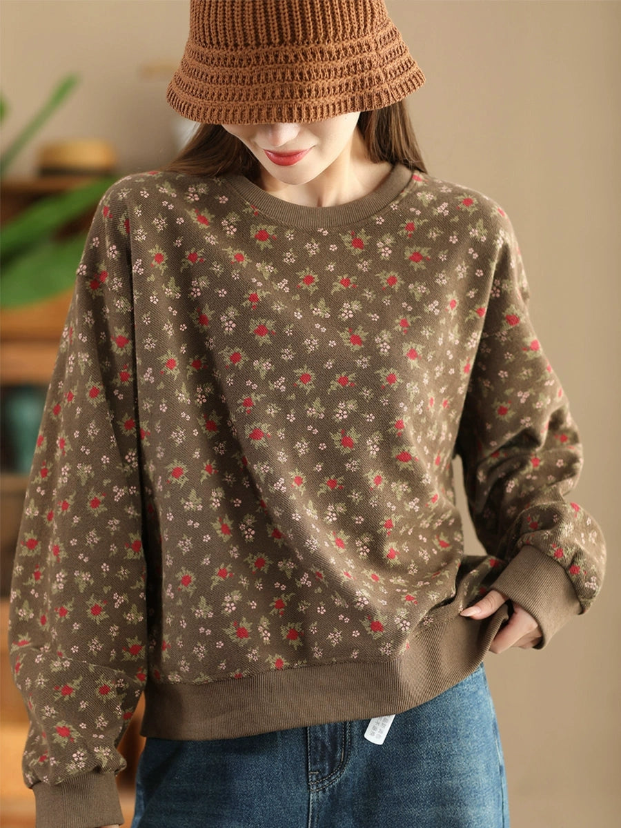 Women Autumn Floral Colorblock O-Neck Cotton Sweatshirt AX1054