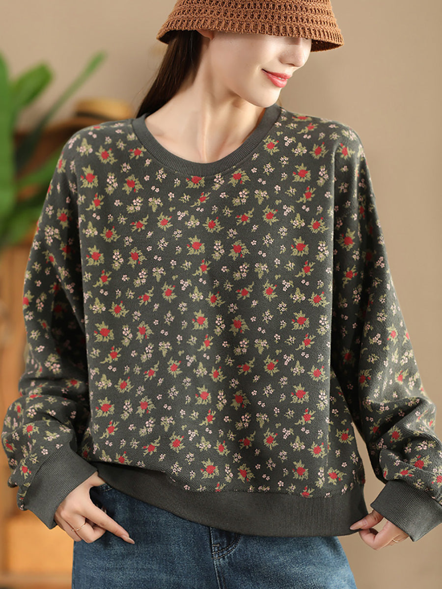 Women Autumn Floral Colorblock O-Neck Cotton Sweatshirt AX1054