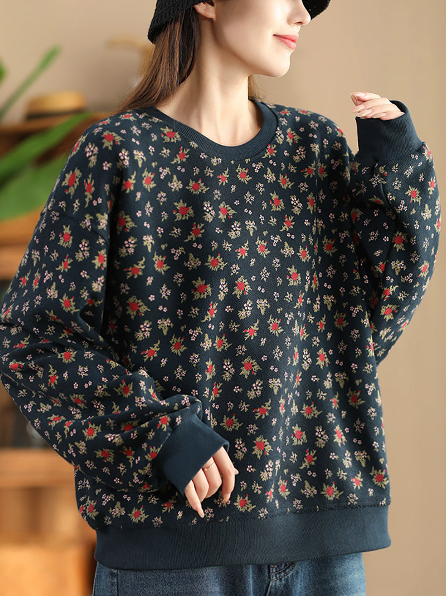 Women Autumn Floral Colorblock O-Neck Cotton Sweatshirt AX1054