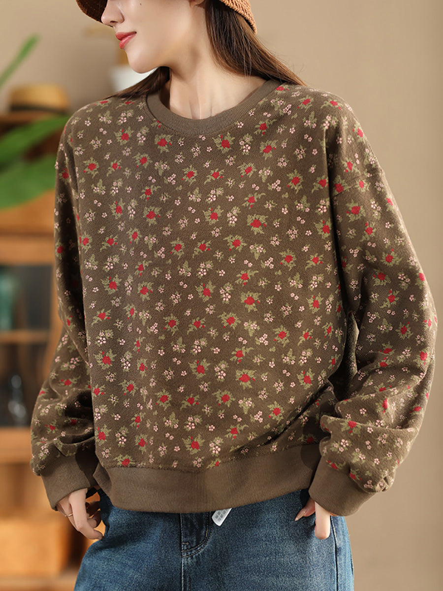 Women Autumn Floral Colorblock O-Neck Cotton Sweatshirt AX1054