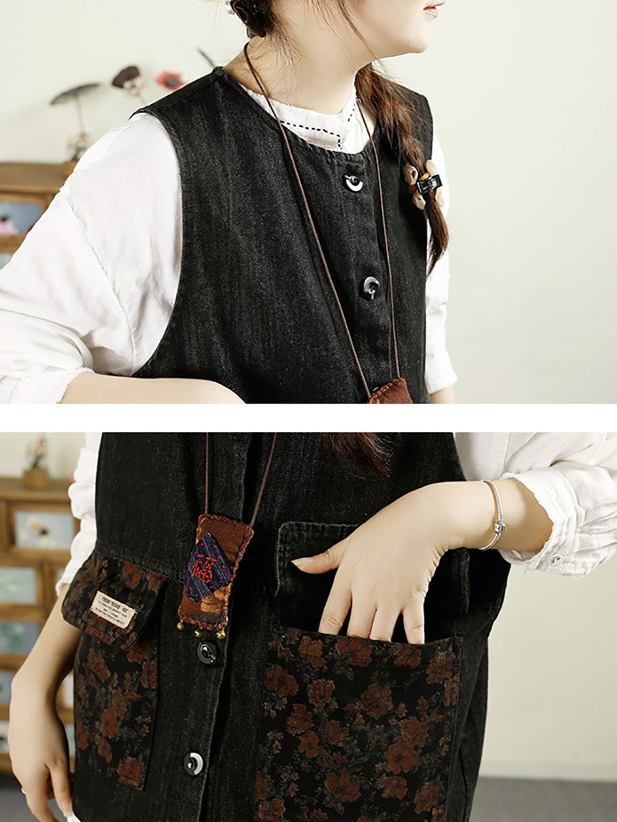 Women Ethnic Flower Patch Spliced O-Neck Cotton Vest AX1033