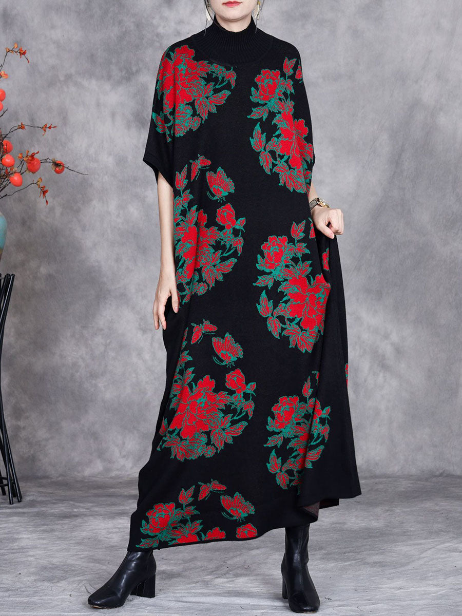 Women Autumn Artsy Flower Short Sleeve Half Turtleneck Knit Dress AX1038