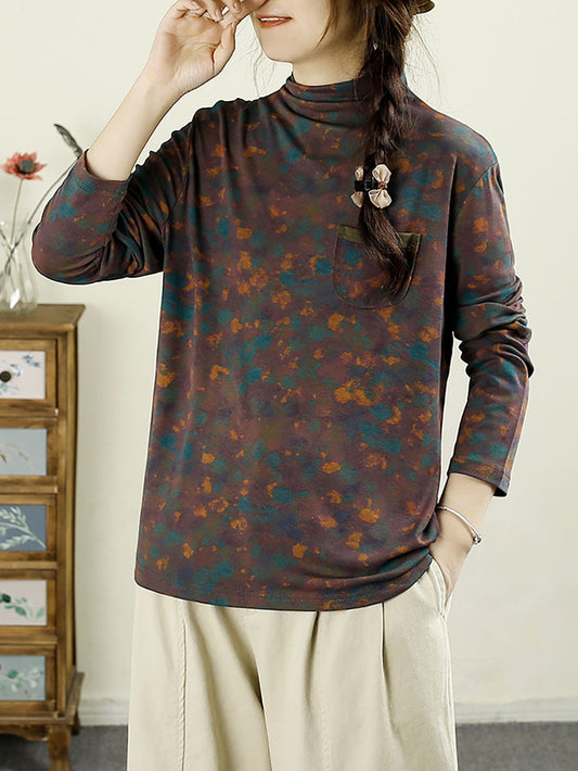 Women Autumn Artsy Floral Turtleneck Pocket Cotton Blouse AX1043