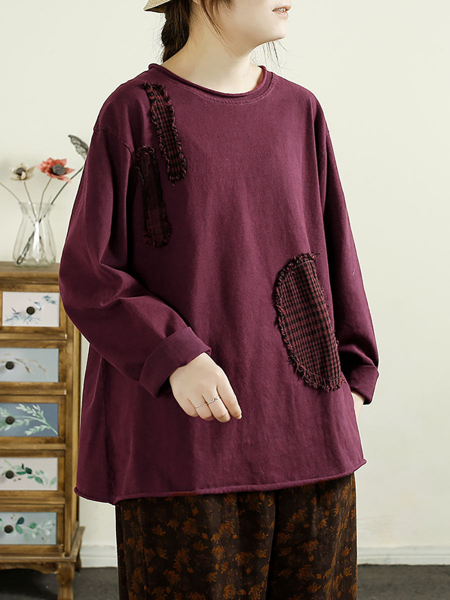 Women Casual Autumn Patchwork O-Neck Cotton Sweatshirt AX1041