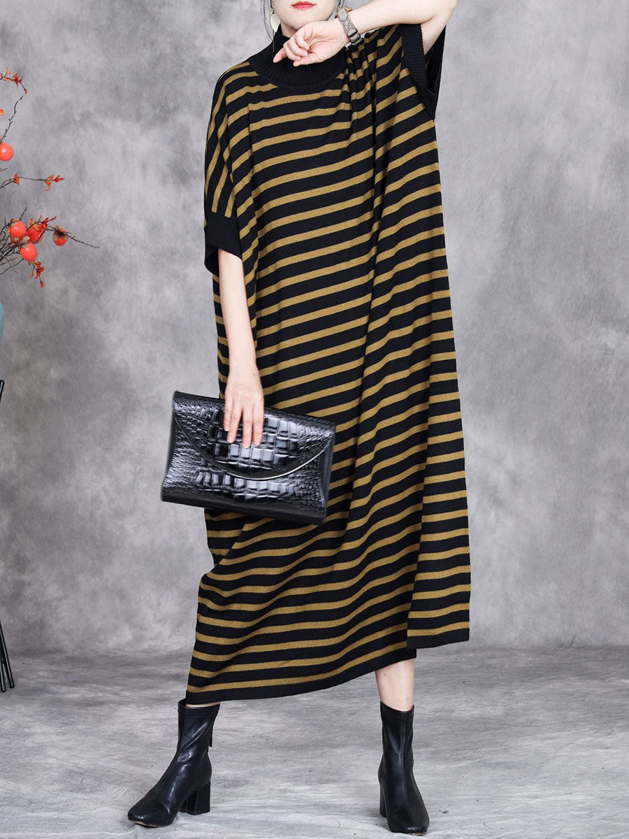 Women Autumn Stripe Short Sleeve Half Turtleneck Knit Dress AV1012