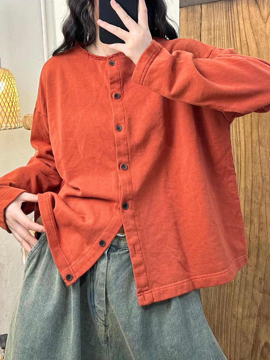 Women Casual Autumn Solid O-Neck Button Cotton Blouse AV1015