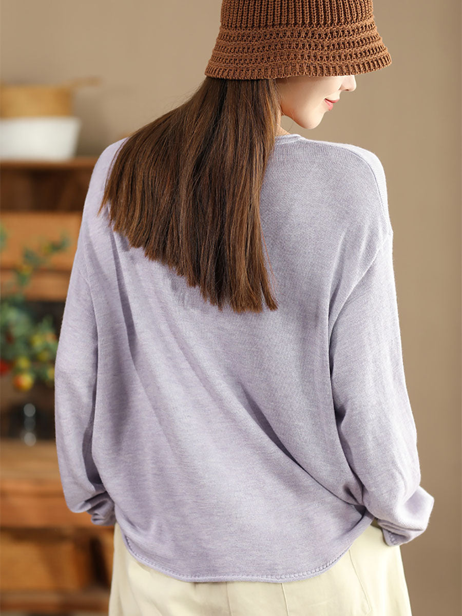 Women Solid Casual O-Neck Knit Loose Silk Blouse WG033