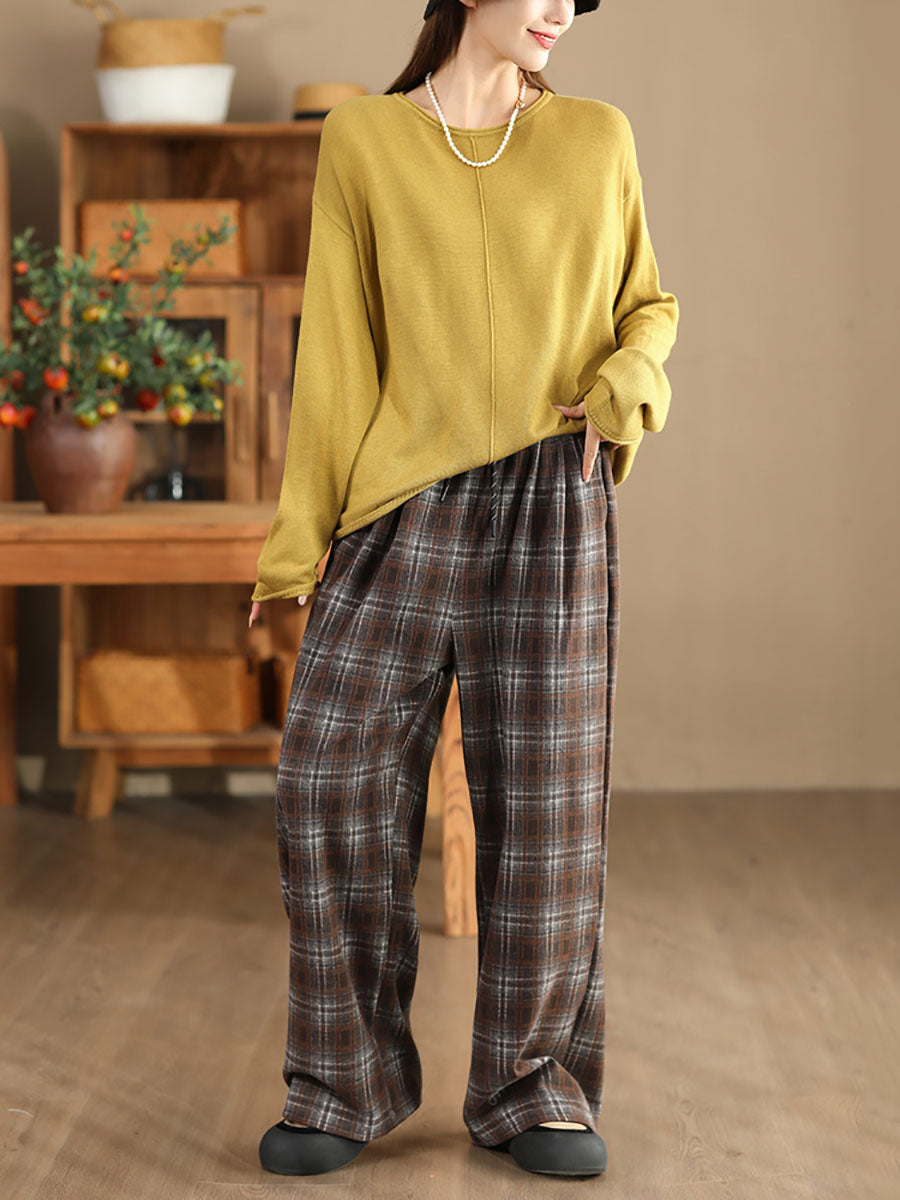 Women Solid Casual O-Neck Knit Loose Silk Blouse WG033