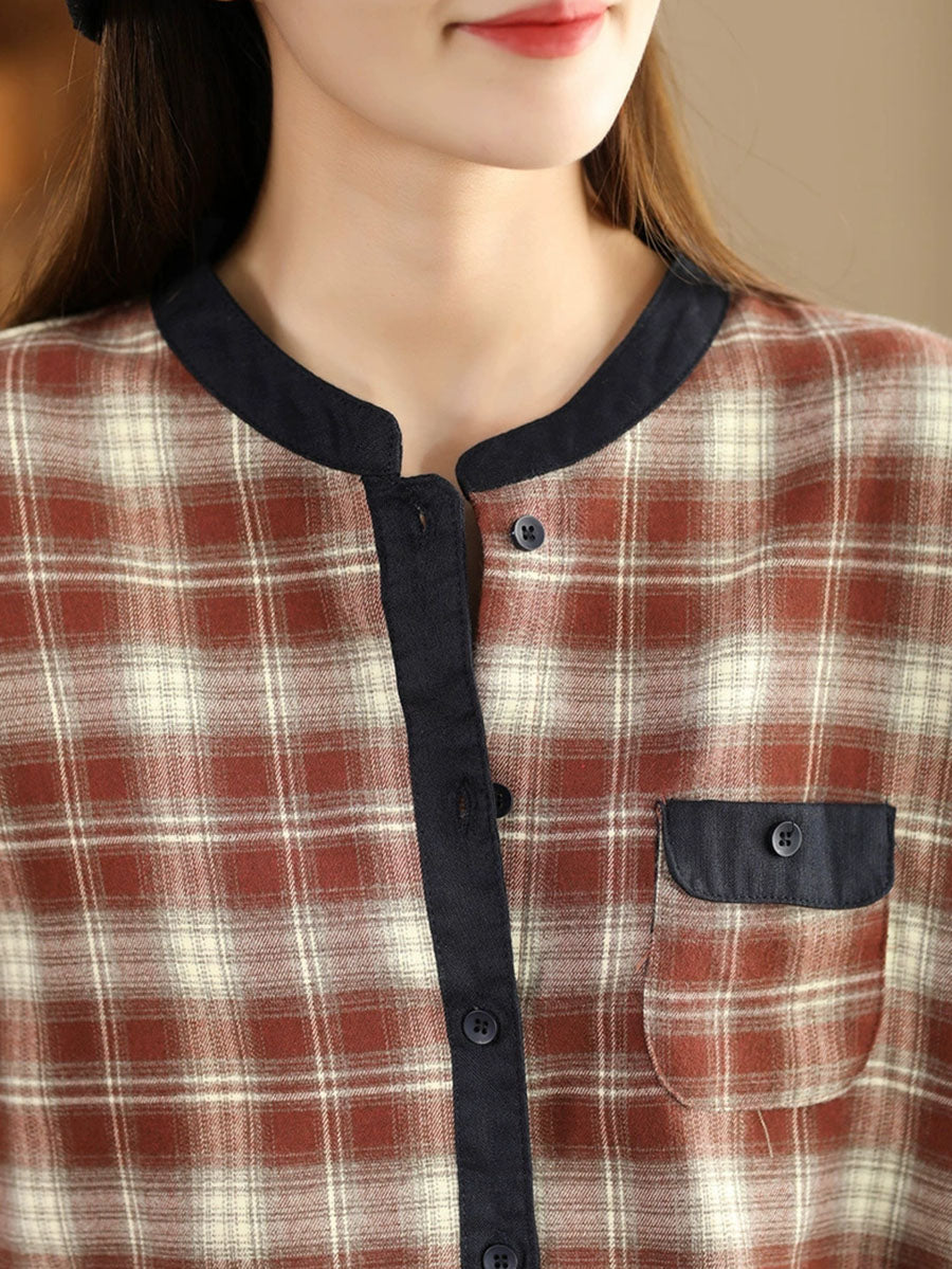 Women Ethnic Autumn Plaid Cotton Colorblock Shirt Coat AV1034