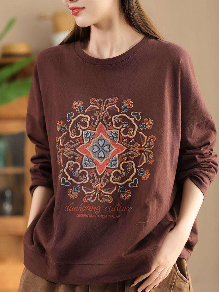 Women Autumn Flower Embroidery O-Neck Cotton Sweatshirt WG034