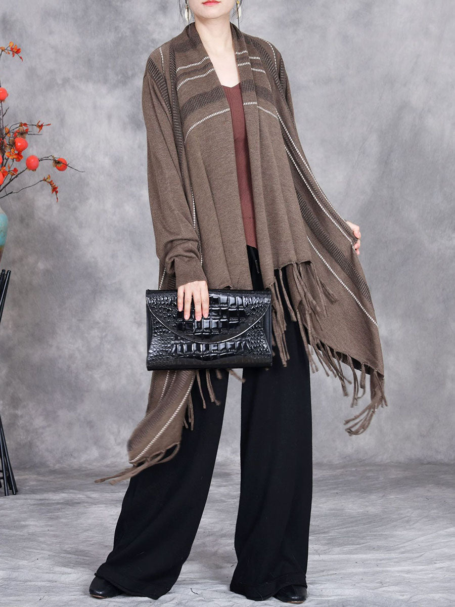 Women Autumn Artsy Stripe Knitted Tassel Cardigan Coat WG032