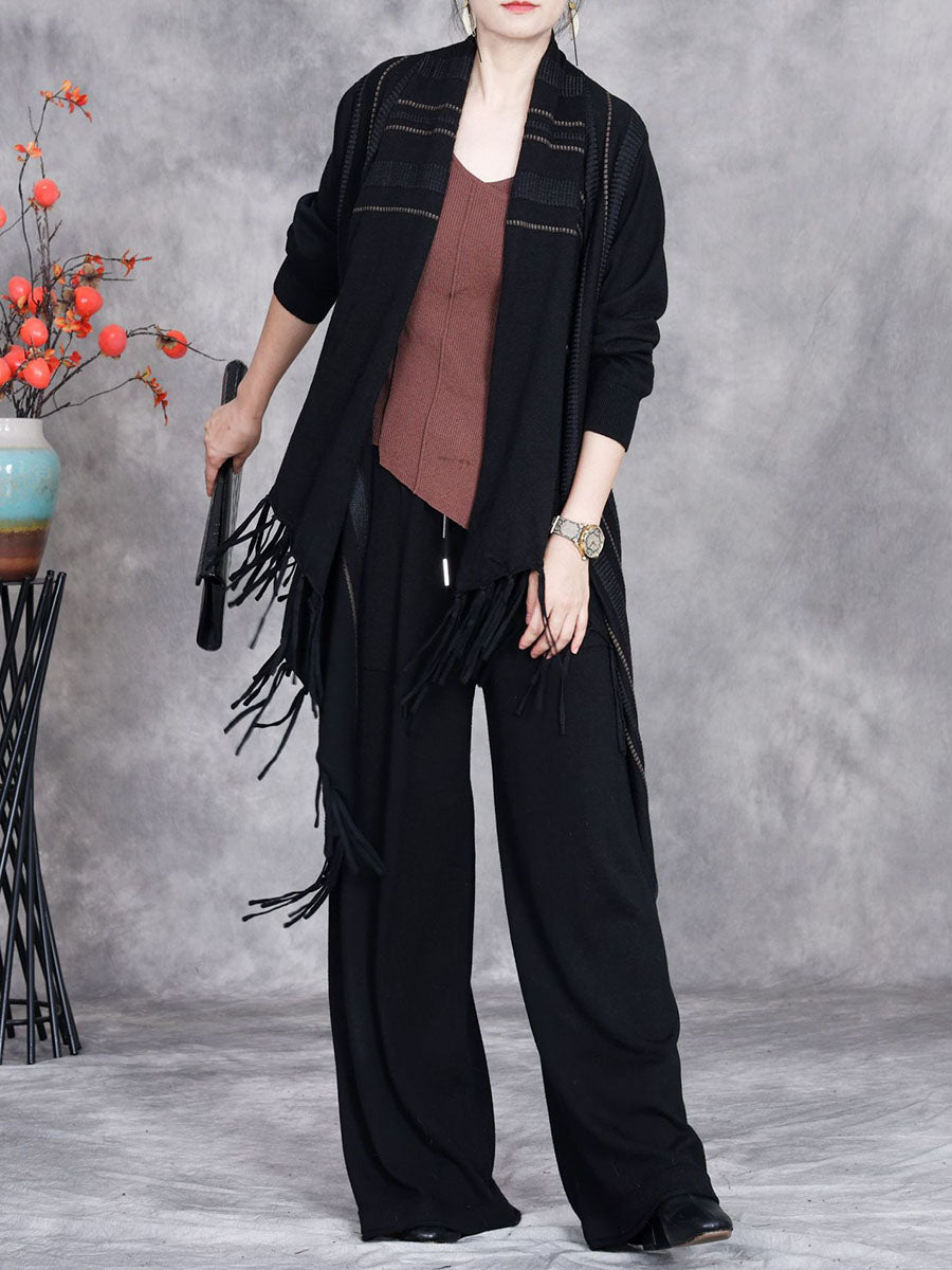 Women Autumn Artsy Stripe Knitted Tassel Cardigan Coat WG032