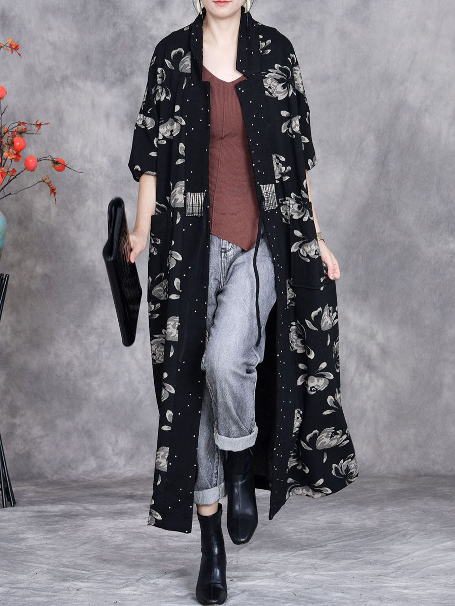 Women Artsy Autumn Flower Strap Cardigan Loose Coat AV1047