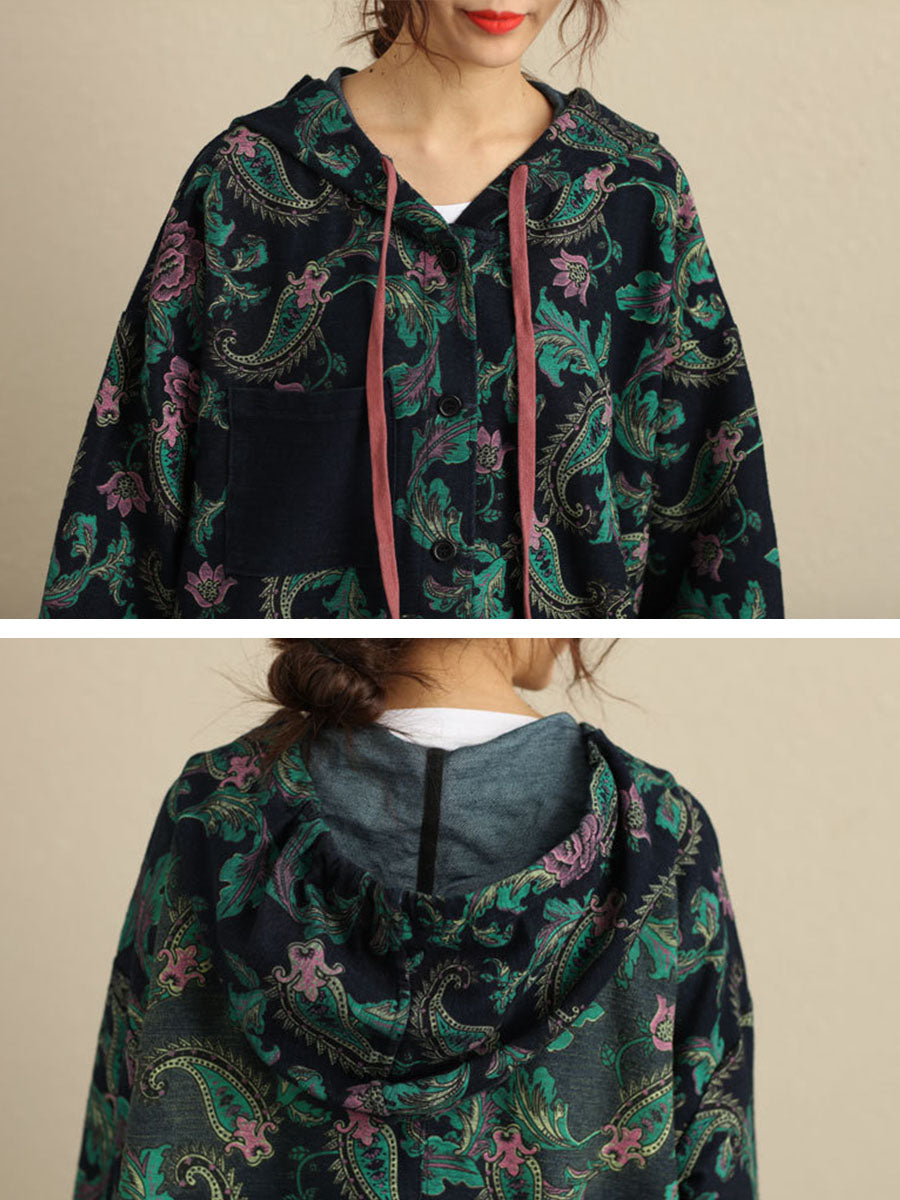 Women Autumn Vintage Flower Hooded Pocket Cotton Coat AV1056