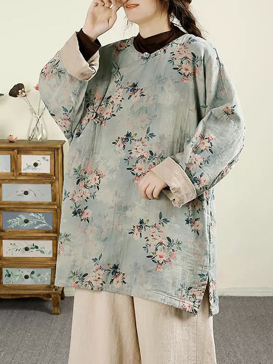 Women Ethnic Autumn Flower O-Neck Cotton Blouse AV1060