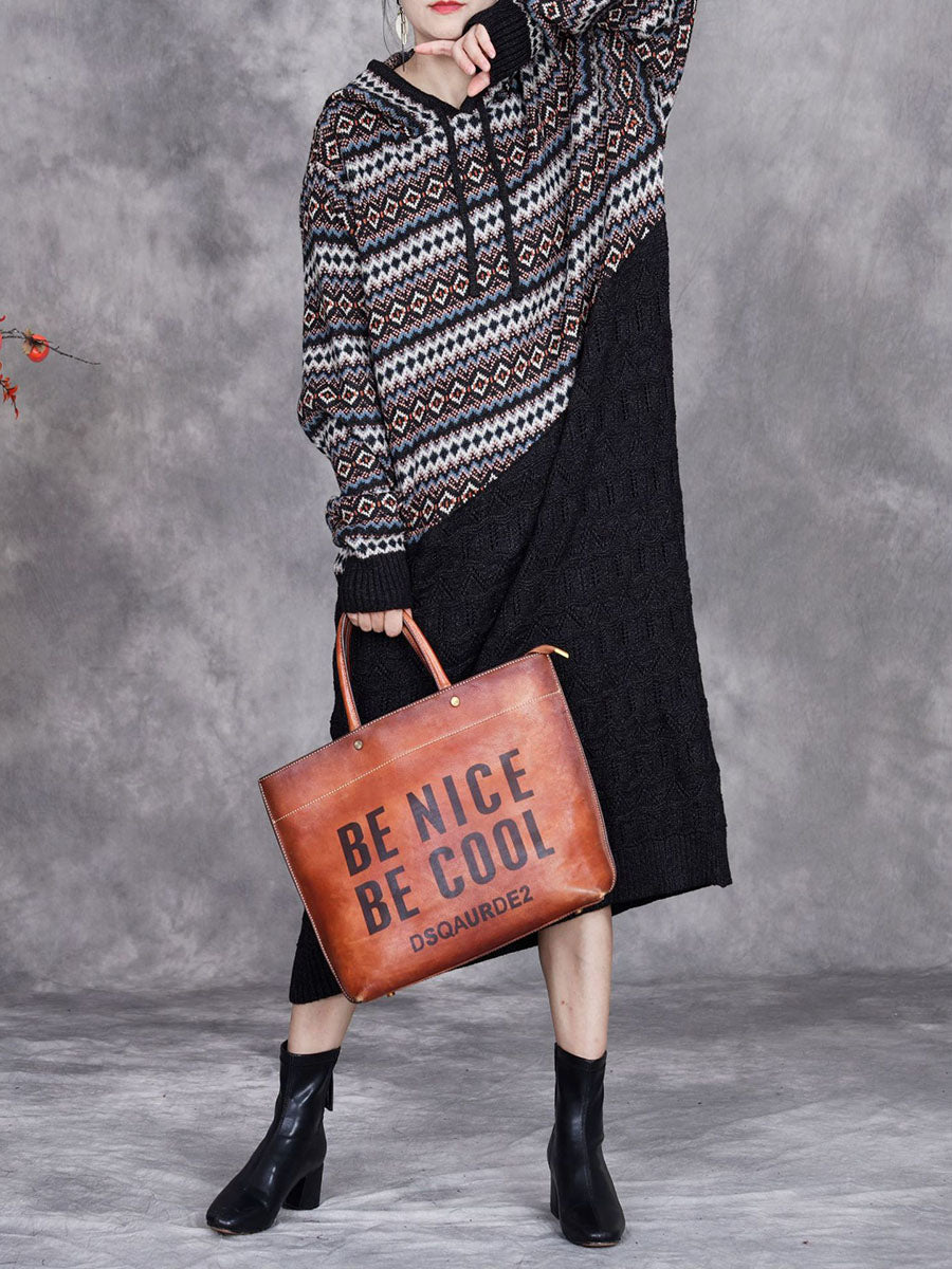 Women Autumn Artsy Spliced Knitted Hooded Dress BA1003