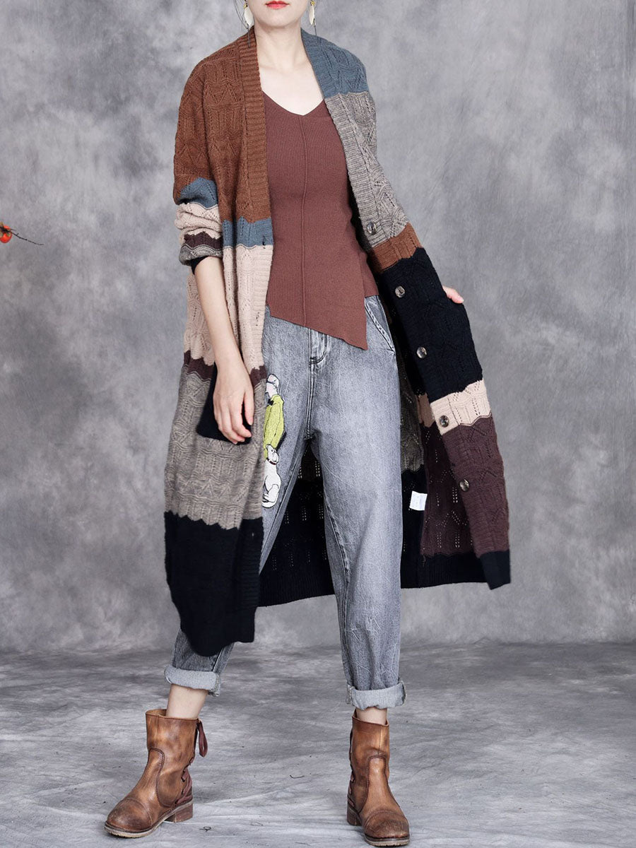 Women Autumn Artsy Colorblock Knitted V-Neck Cardigan Coat WG030