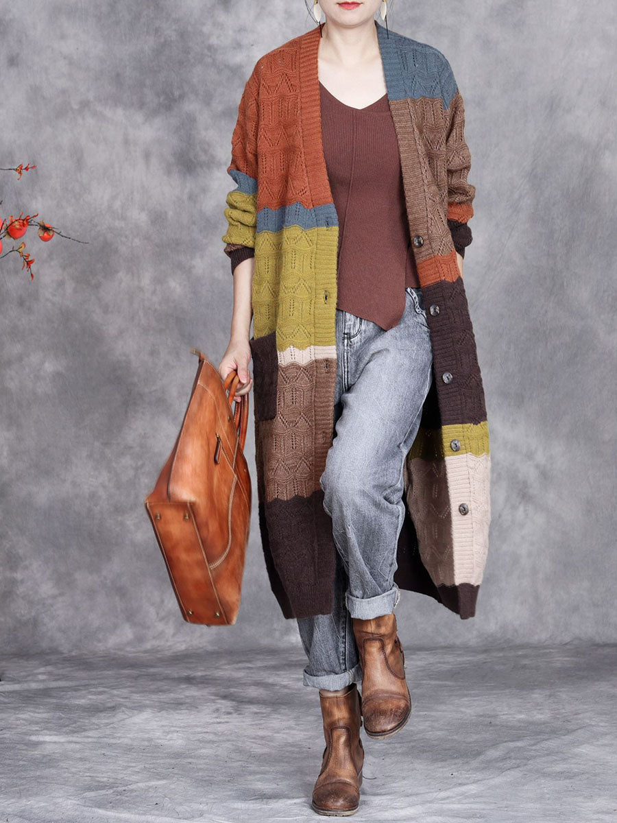 Women Autumn Artsy Colorblock Knitted V-Neck Cardigan Coat WG030