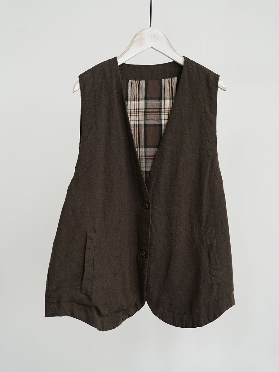 Women Ethnic Cotton Linen Solid V-Neck Vest BA1018