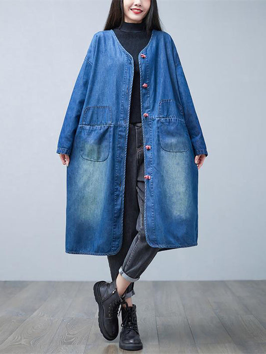 Women Casual Autumn Washed V-Neck Denim Long Coat BA1015