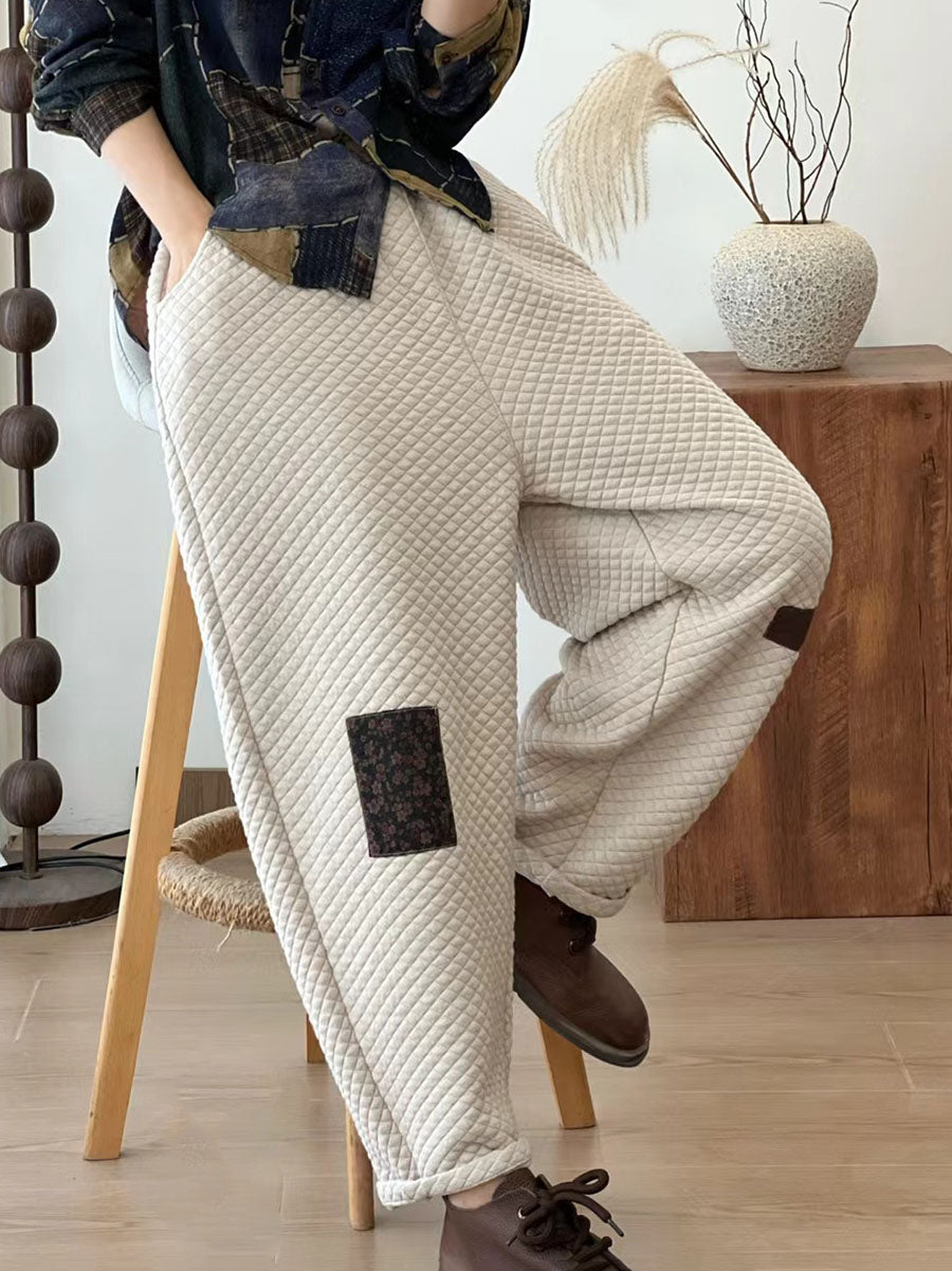 Women Autumn Retro Lattice Patch Thick Cotton Pants BA1007