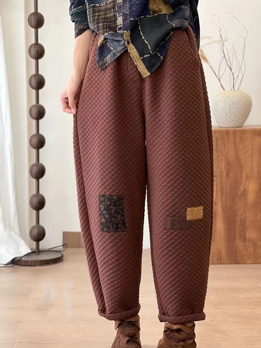 Women Autumn Retro Lattice Patch Thick Cotton Pants BA1007