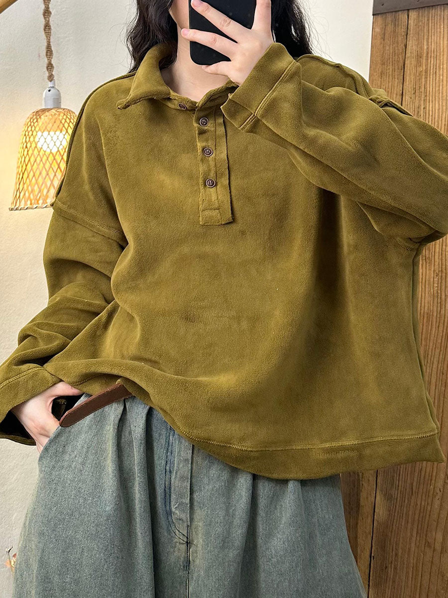 Women Autumn Retro Solid Turn-down Collar Cotton Sweatshirt BA1008