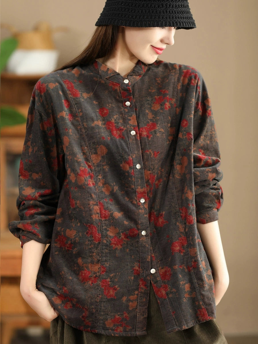 Women Retro Autumn Flower Turn-down Collar Corduroy Shirt BA1019