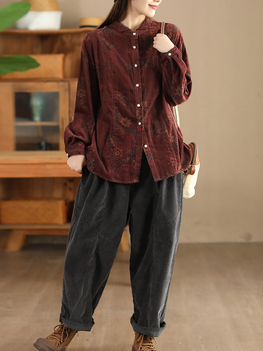 Women Retro Autumn Flower Turn-down Collar Corduroy Shirt BA1019