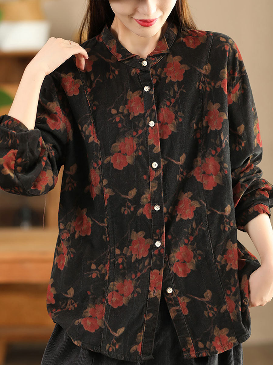 Women Retro Autumn Flower Turn-down Collar Corduroy Shirt BA1019