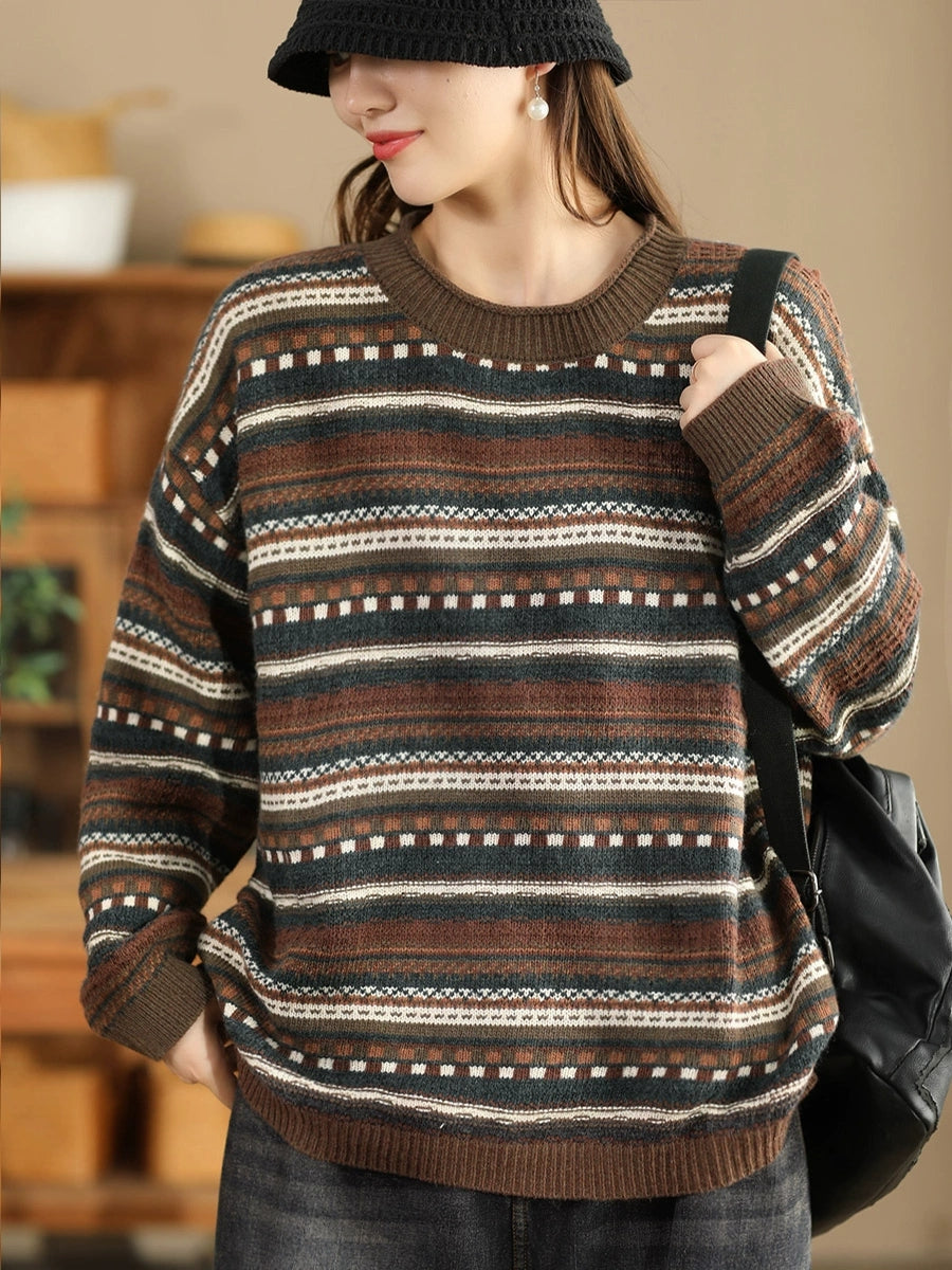 Women Casual Autumn Stripe Jacquard O-Neck Sweater BA1014