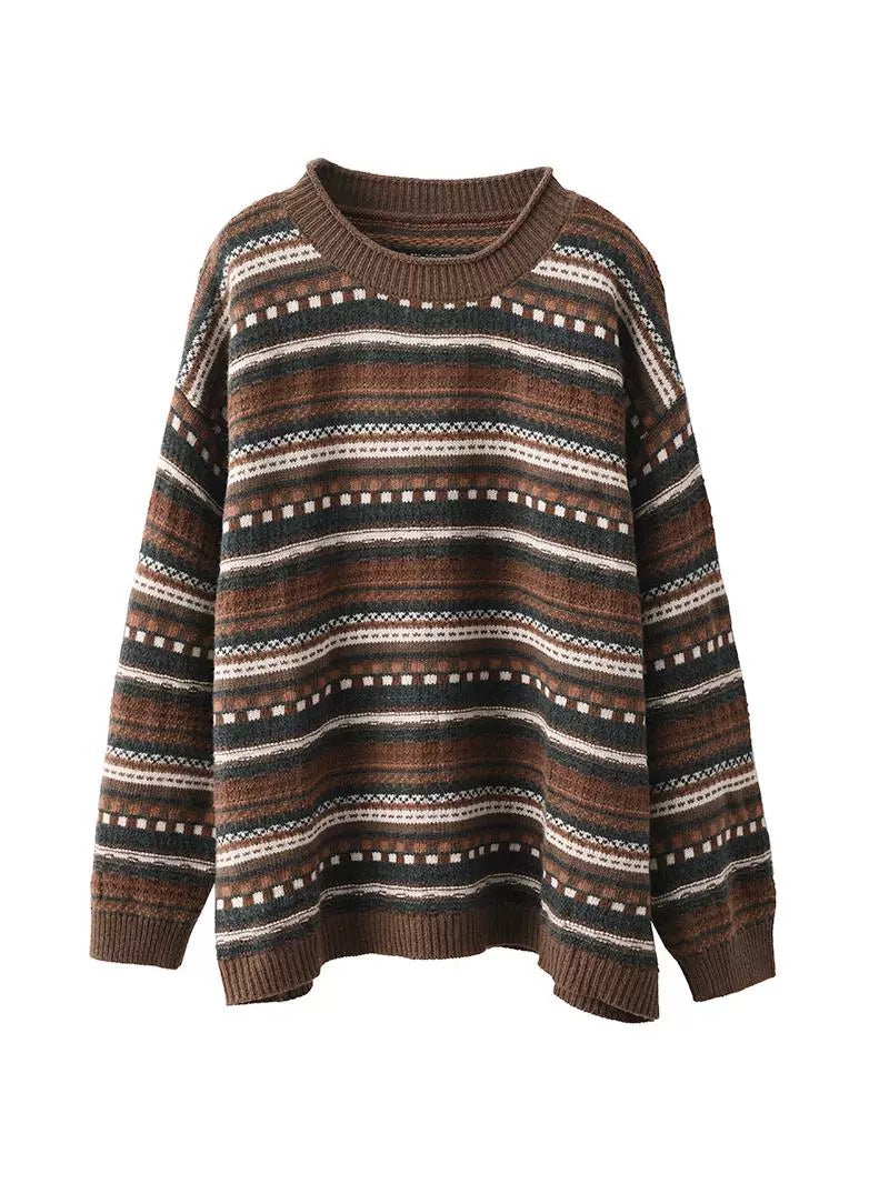 Women Casual Autumn Stripe Jacquard O-Neck Sweater BA1014