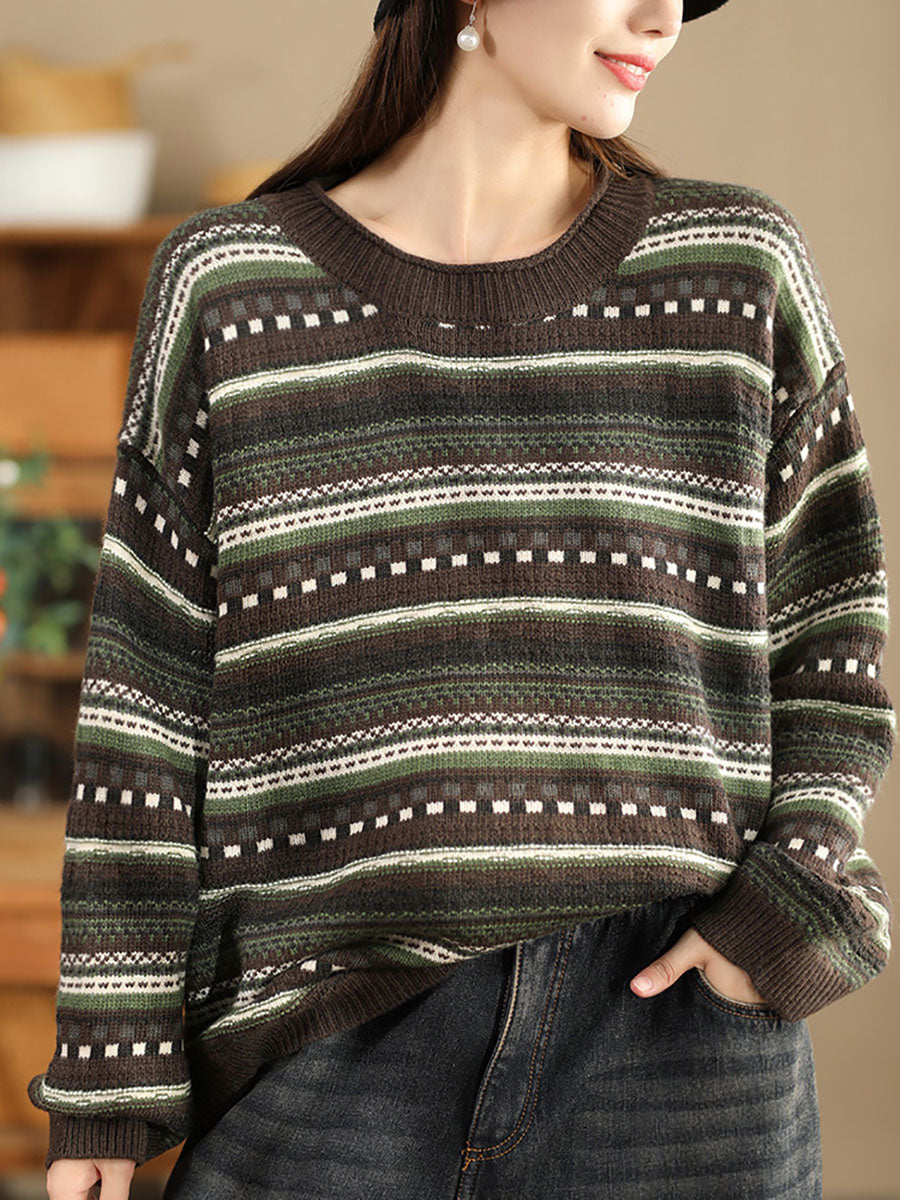 Women Casual Autumn Stripe Jacquard O-Neck Sweater BA1014