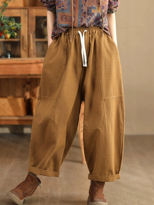 Women Autumn Retro Cotton Spliced Loose Solid Harem Pants BA1034