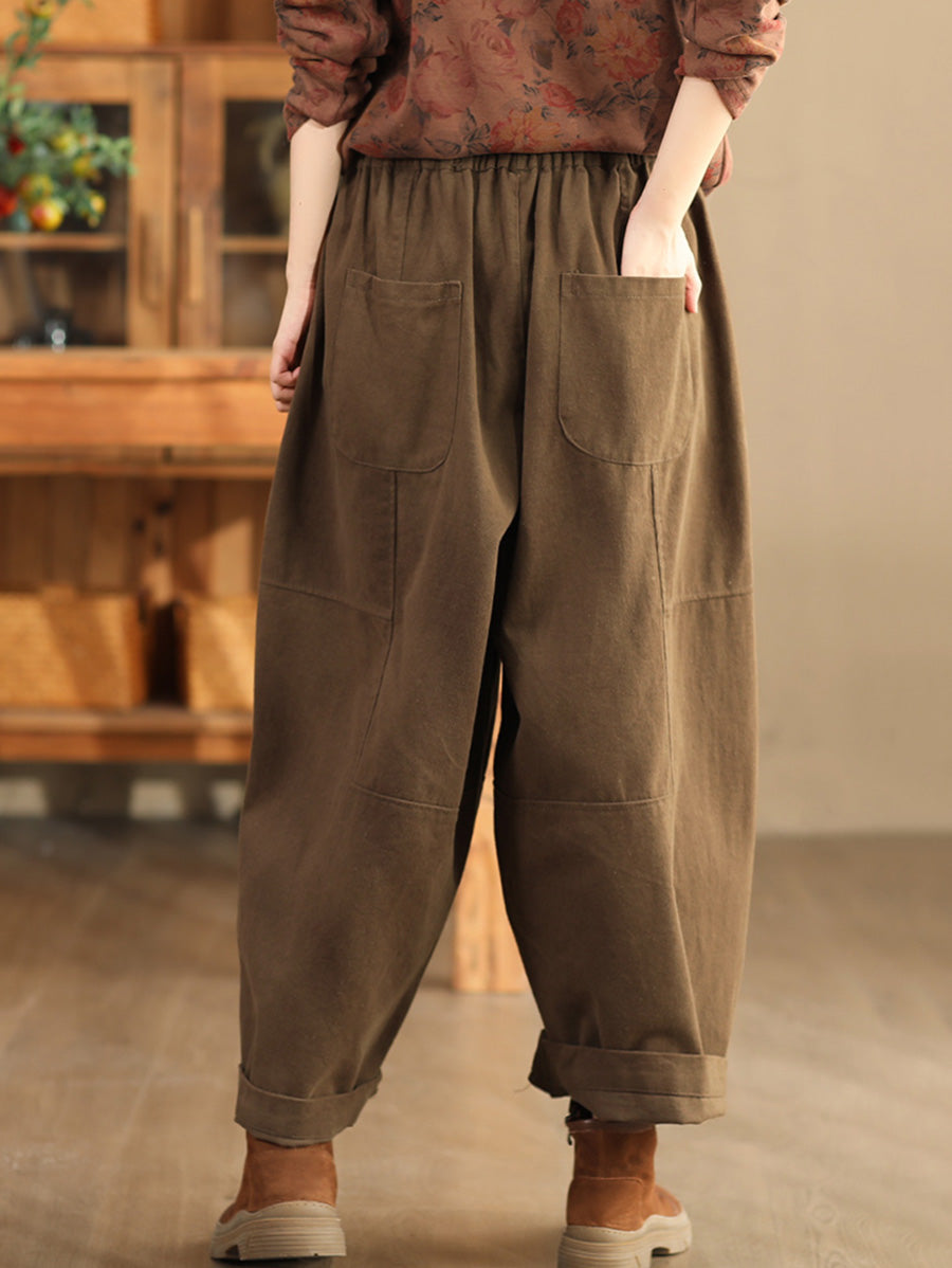 Women Autumn Retro Cotton Spliced Loose Solid Harem Pants BA1034