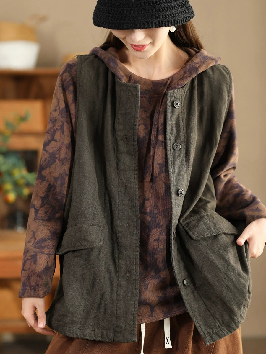 Women Retro Solid O-Neck Cotton Vest Coat BA1049