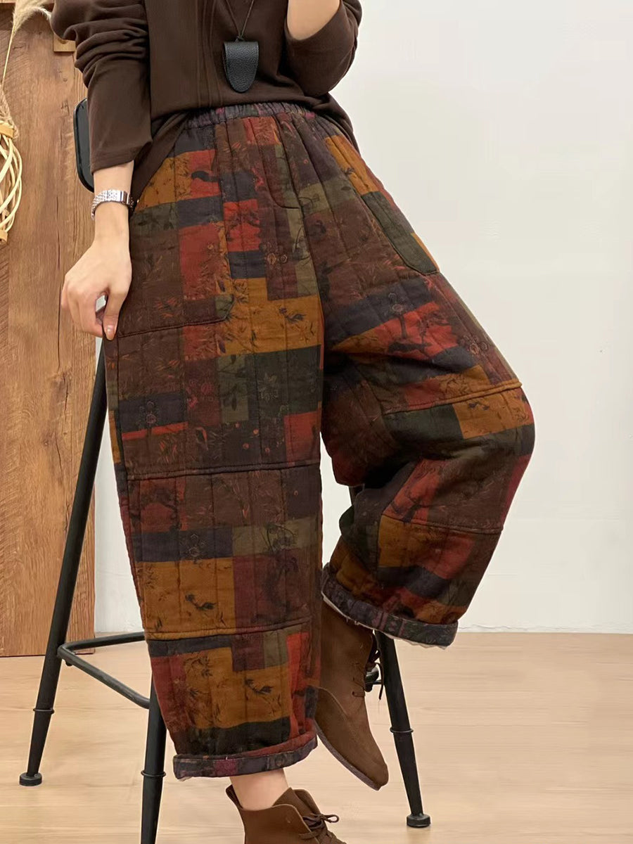 Women Autumn Retro Cotton Plaid Patch Straight Pants BA1061