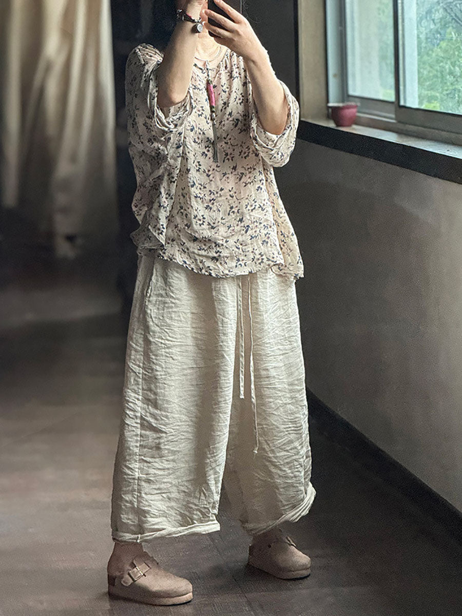 Pants Women Vintage Solid Autumn Ramie Loose Wide-leg