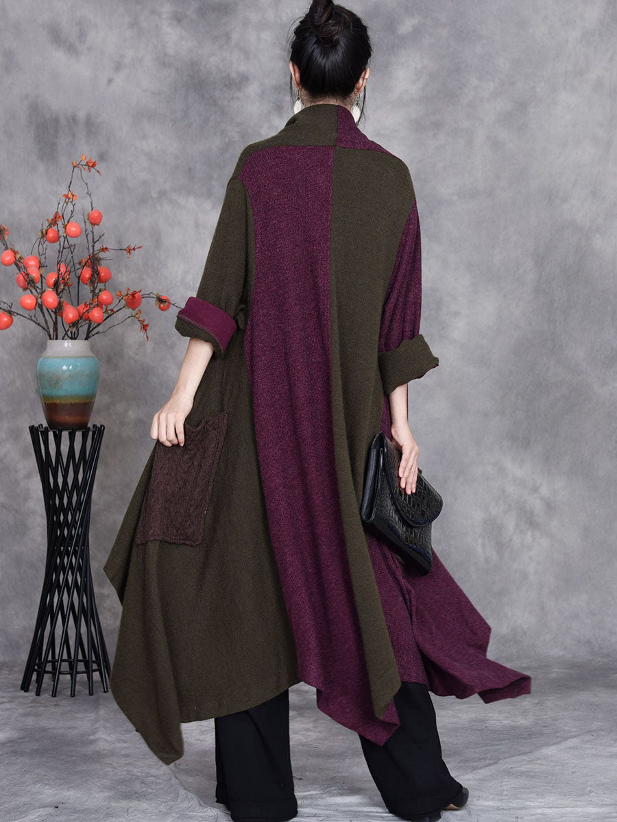 Women Autumn Artsy Irregular Colorblock V-Neck Cardigan Coat BA1057