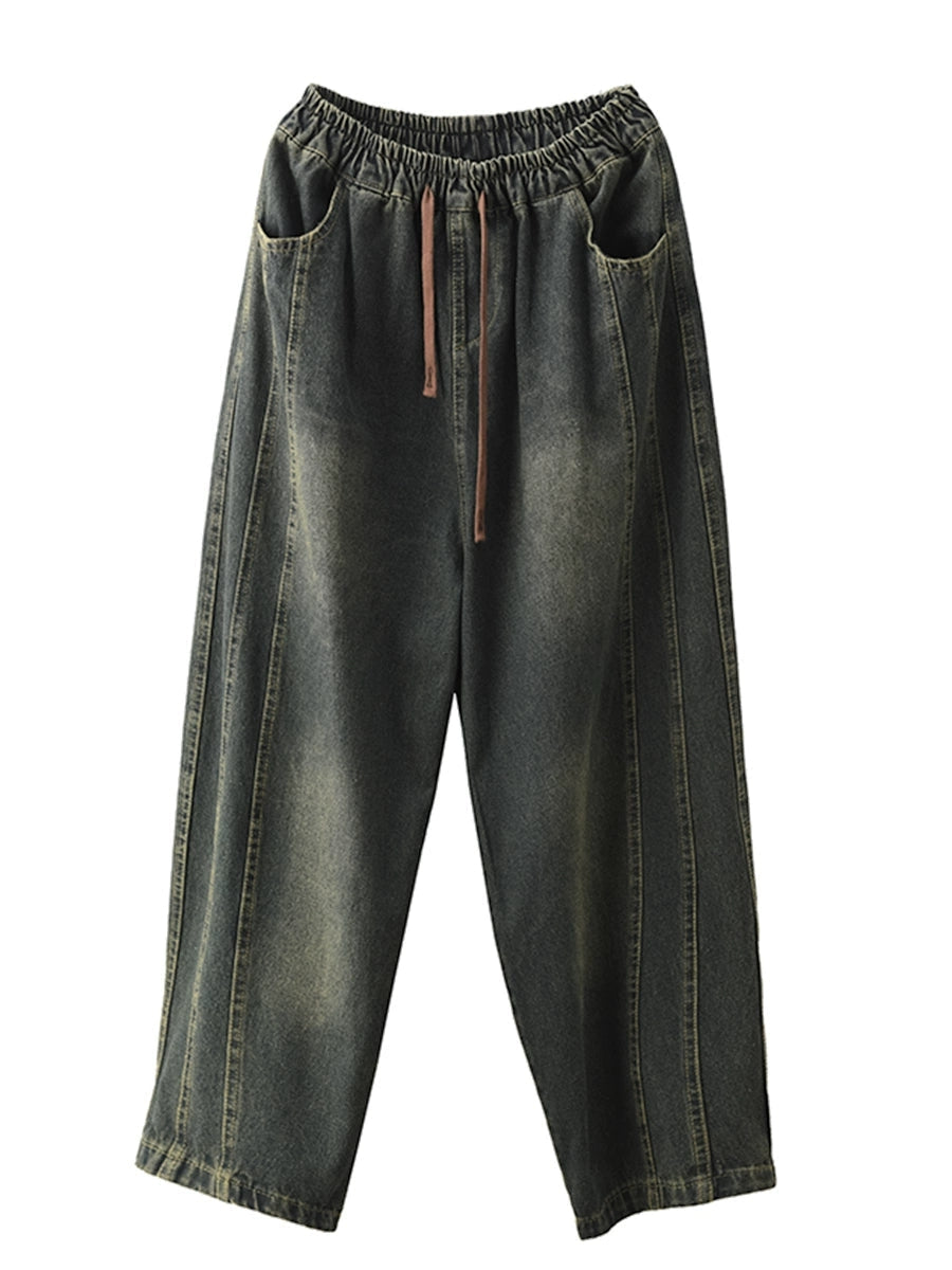 Women Autumn Retro Spliced Washed Denim Harem Pants BA1064