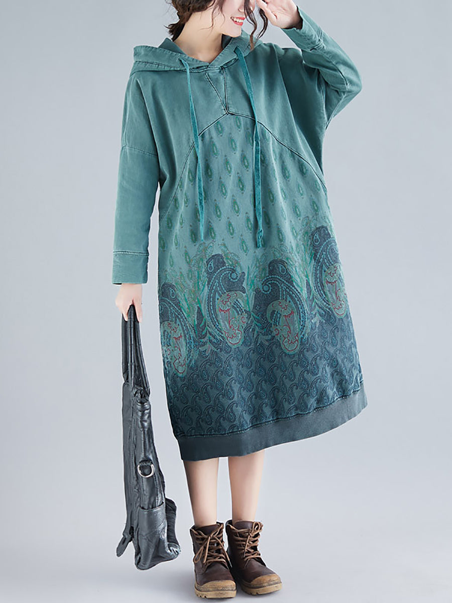 Women Ethnic Autumn Print Hooded Cotton Dress QU023