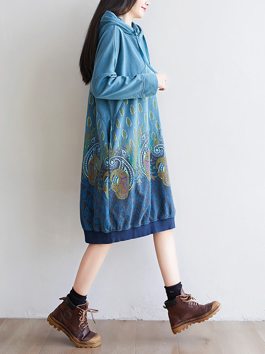 Women Ethnic Autumn Print Hooded Cotton Dress QU023