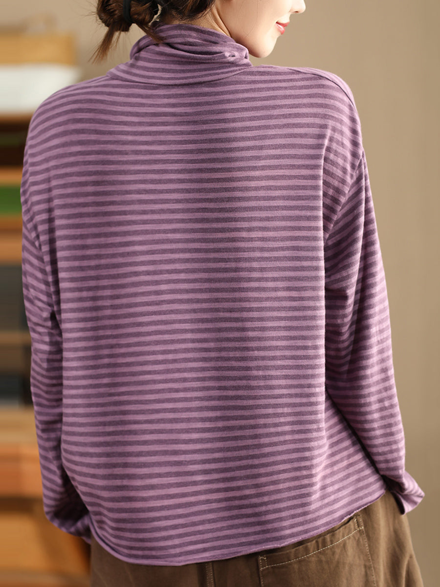 Women Autumn Casual Stripe Turtleneck Cotton Blouse QU029