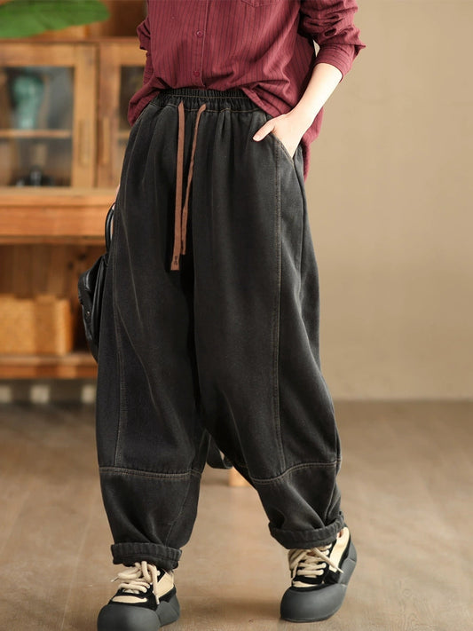 Women Winter Retro Denim Fleece-lined Harem Pants WG002