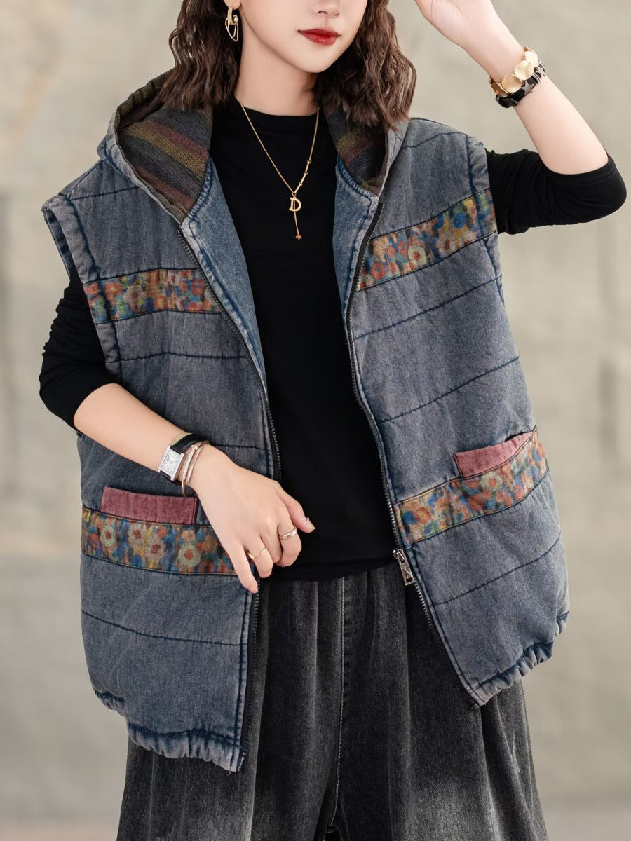 Women Retro Floral Spliced Hooded Cotton Padded Vest Coat WG007