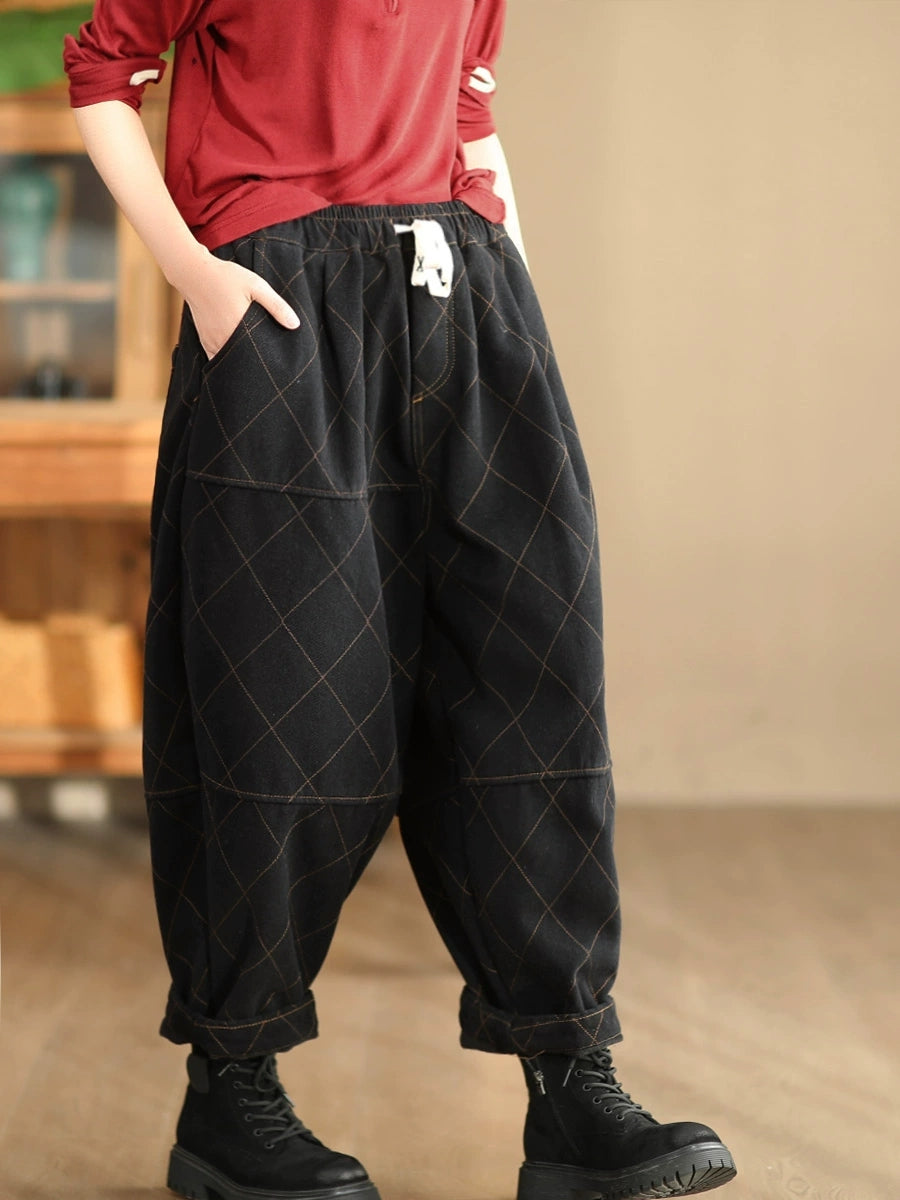 Women Autumn Vintage Solid Rhomboid Cotton Harem Pants WG013