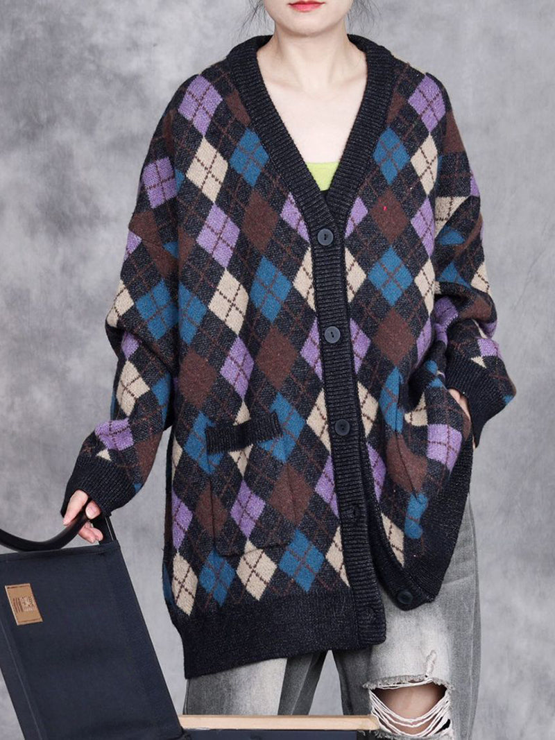 Women Autumn Artsy Rhomboids Cardigan Sweater Coat WG017