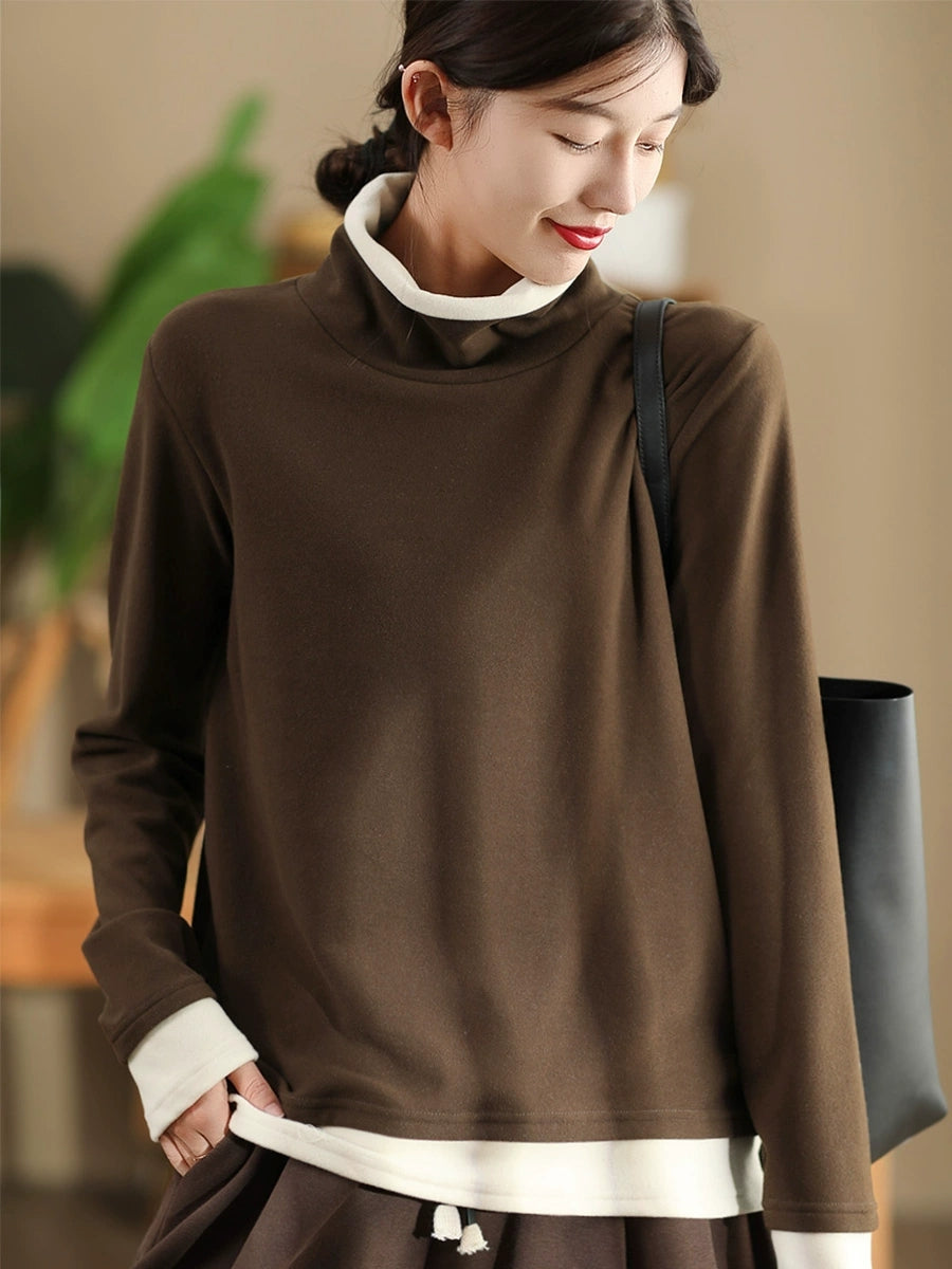 Women Casual Autumn Warm Colorblock Turtleneck Sweatshirt WG010